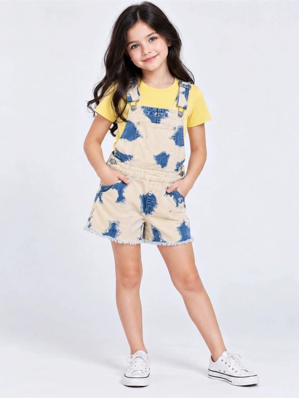 Gap Kids Tie-Dye Denim Relaxed Shortalls Cream & Blue